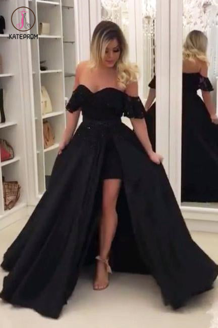 Black Off Shoulder Long Evening Dress with Lace, Unique Split Prom Dress with Lace KPP0514