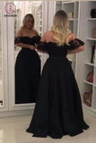 Black Off Shoulder Long Evening Dress with Lace, Unique Split Prom Dress with Lace KPP0514