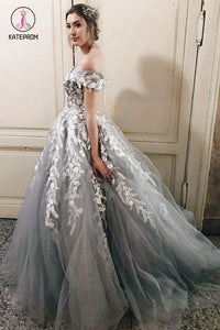Dark Gray Long Tulle Prom Dress with Appliques, A Line Off-the-shoulde kateprom Dark Gray Long Tulle Prom Dress with Appliques, A Line Off-the-shoulde kateprom