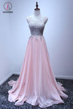 A Line Sleeveless Chiffon Long Appliqued Prom Dress, Pink Formal Dresses KPP0519