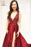 Burgundy V Neck Split Long Prom Dresses, A Line Cheap Formal Dress with Slit KPP0521