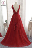 Cheap Floor Length Burgundy V Neck Evening Dress, Appliqued Long Tulle Prom Dress KPP0522