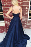 Dark Blue Spaghetti Strap Long Satin Evening Dress, Long Sleeveless Split Prom Dress KPP0523