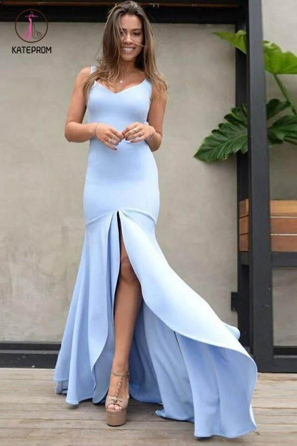 Sexy Sleeveless Straps Mermaid Prom Dress with Split, Long Backless Light Blue Evening Dress KPP0524