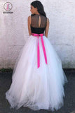 A Line Ivory Tulle Prom Dress with Black Top, Floor Length Formal Dress with Beading Waist KPP0526