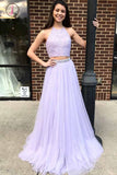 Two Piece Halter Lavender Prom Dress With Beading, Floor Length Tulle Evening Dress KPP0528