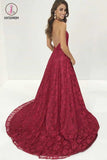 Burgundy Deep V Neck Lace Evening Dress, Sweep Train Backless Long Lace Prom Gown KPP0530