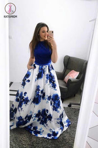 Royal Blue Sleeveless Long Prom Dress, A Line Floral Long Satin Evening Dresses KPP0532