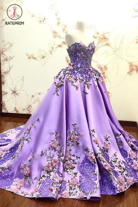 Lilac Ball Gown Sweetheart Prom Dress, Gorgeous Party Dress with Lace Appliques KPP0534