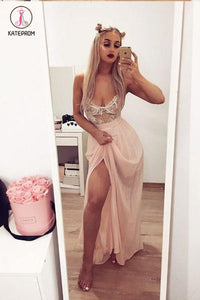 Spaghetti Straps Pink Chiffon Long Prom Dresses with Lace, Split Party Dresses KPP0535