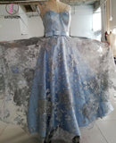 Light Blue Sleeveless Prom Dress with Lace, Lace Floor Length Evening Dresses KPP0536