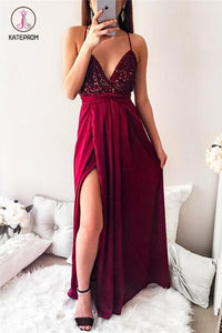 Spaghetti Strap Sequin Top Side Slit Prom Dresses, Floor Length Sparkly Prom Dresses KPP0538