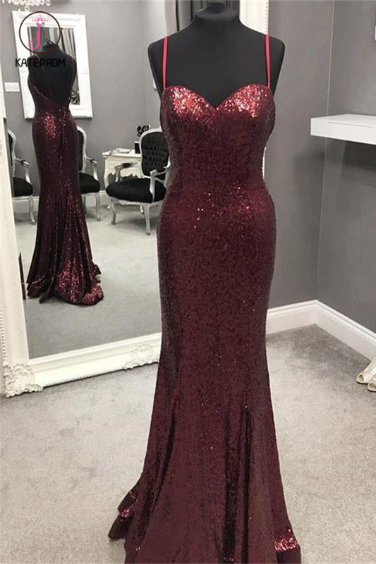 Spaghetti Strap Mermaid Sequined Prom Dress, Sparkly Floor Length Backless Evening Dress KPP0540