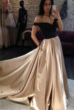 A Line Off the Shoulder Long Prom Dress, Floor Length Sexy Evening Dress with Black Top KPP0541