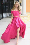 Fuchsia Off Shoulder Prom Dress with Lace, Two Piece Long Satin Formal Dresses KPP0542