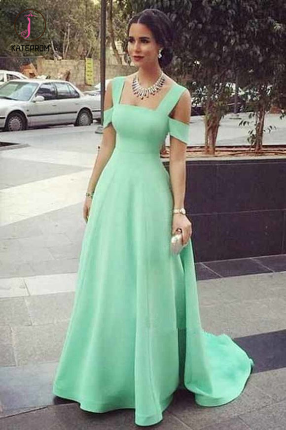 Mint Green Straps Sweep Train Prom Dress, Simple A Line Long Evening Dresses KPP0543