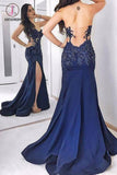 Dark Blue Strapless Long Evening Dress, Sexy Sweetheart Appliqued Prom Dresses KPP0546