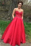 A Line Sweetheart Satin Prom Dress with Beading, Floor Length Strapless Formal Dress KPP0547