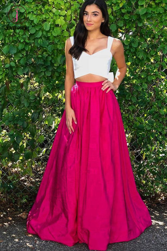 Fuchsia Two Piece Strap Prom Dress With White Top, Long Sexy Formal Dress with Bowknot KPP0549