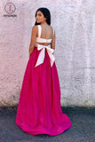 Fuchsia Two Piece Strap Prom Dress With White Top, Long Sexy Formal Dress with Bowknot KPP0549