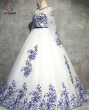 Ivory Long Sleeve Tulle Prom Dress with Appliques, Puffy Appliqued Long Evening Dress KPP0550