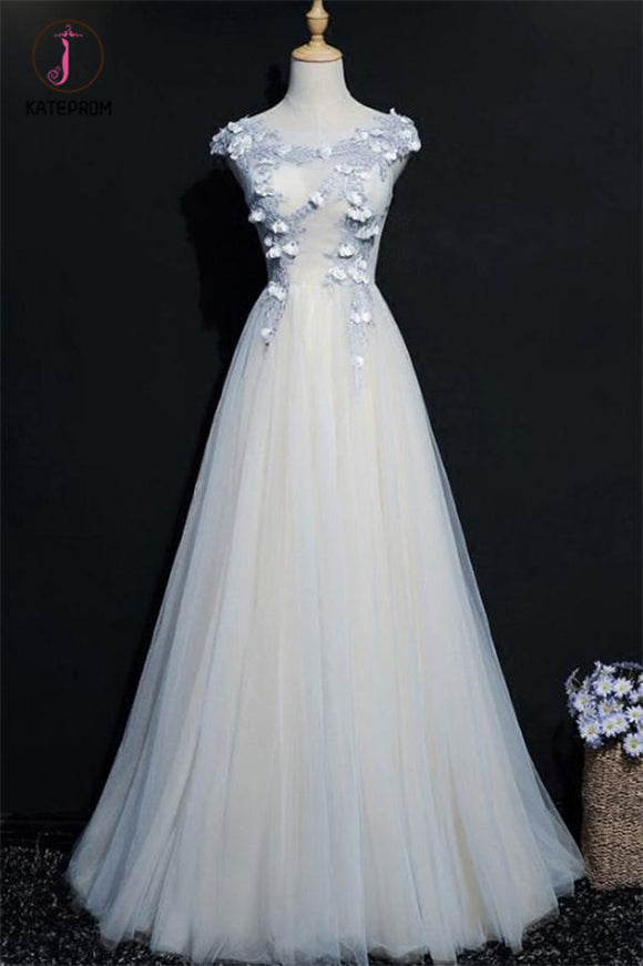 A Line Cap Sleeves Tulle Prom Dress, Floor Length Appliqued Evening Dress with Flowers KPP0551