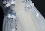 A Line Cap Sleeves Tulle Prom Dress, Floor Length Appliqued Evening Dress with Flowers KPP0551