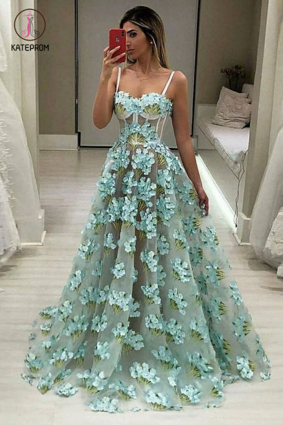 Cheap Spaghetti Strap Flower Lace Prom Dress, A Line Floor Length Evening Dress KPP0552