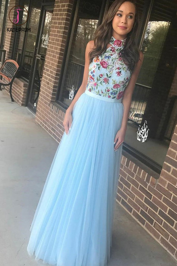 Light Sky Blue High Neck Tulle Prom Dress with Embroidery, Floor Length Evening Dress KPP0544