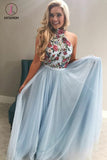 Light Sky Blue High Neck Tulle Prom Dress with Embroidery, Floor Length Evening Dress KPP0544