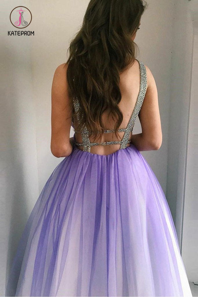 fitted lace wedding dress Gradient Purple And White V-Neckline Short Sleeves Party Dresses prom dress  evening dress cg23424 main image 0