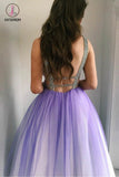 Ombre Deep V Neck Tulle Prom Dress, Gradient Purple Long Tulle Party Dresses KPP0553