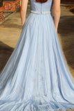 Strapless A Line Satin Prom Dress with Beading Waist, Unique Long Evening Dress KPP0554