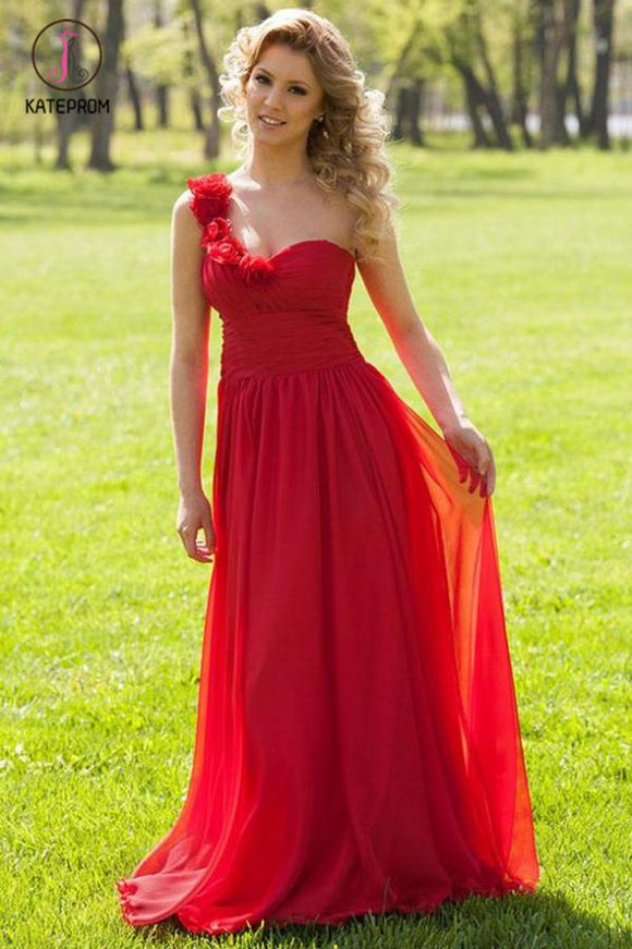 Floor Length One Shoulder Chiffon Prom Dress, Cheap Evening Dress with Pleats KPP0558