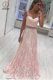 A Line Straps Lace Appliqued Prom Dress with Beads, Light Pink Long Party Dresses KPP0559