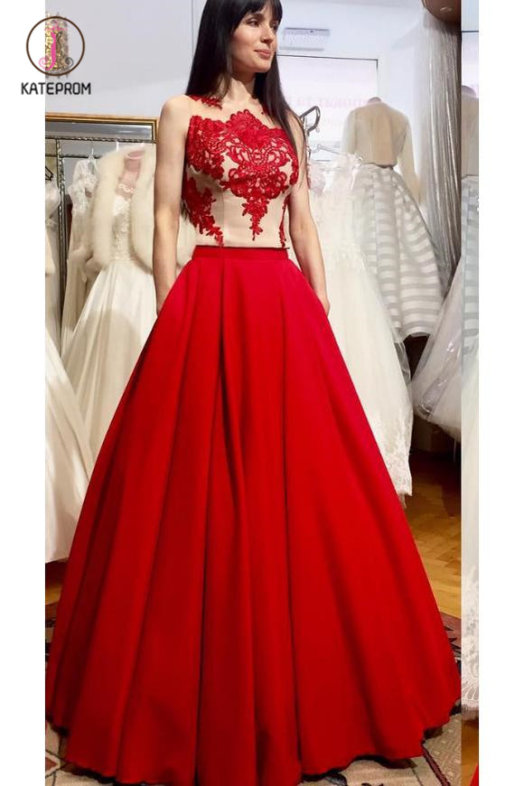 Puffy Floor Length Red Prom Dress with Appliques, Long Satin Evening Dress KPP0560