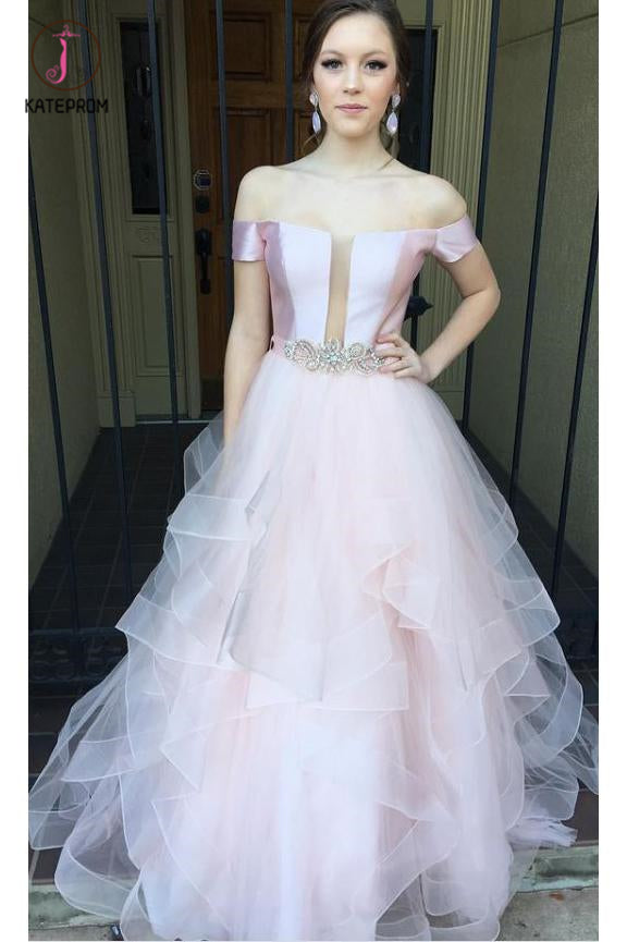Asymmetrical Long Prom Dress, Princess Off the Shoulder Light Pink Prom Dresses KPP0561