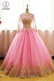 Ball Gown Pink Tulle Prom Dress with Gold Appliques, Long Sleeves Quinceanera Dress KPP0563