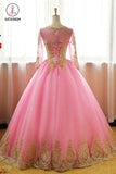 Ball Gown Pink Tulle Prom Dress with Gold Appliques, Long Sleeves Quinceanera Dress KPP0563