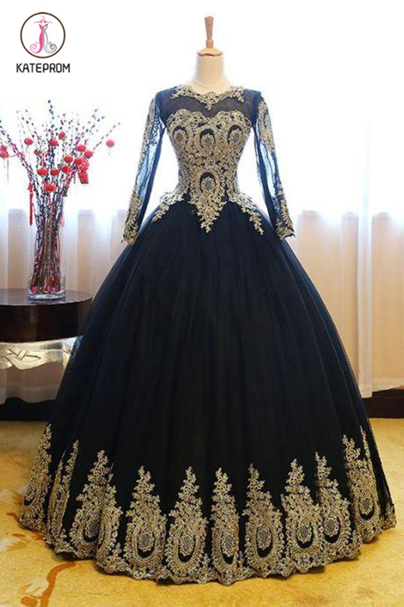 Black Ball Gown Long Sleeves Party Dress, Princess Tulle Prom Dress with Lace Appliques KPP0564