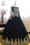 Black Ball Gown Long Sleeves Party Dress, Princess Tulle Prom Dress with Lace Appliques KPP0564