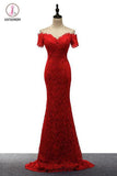 Red Off the Shoulder Mermaid Lace Prom Dresses, Sweep Train Long Evening Dresses KPP0565