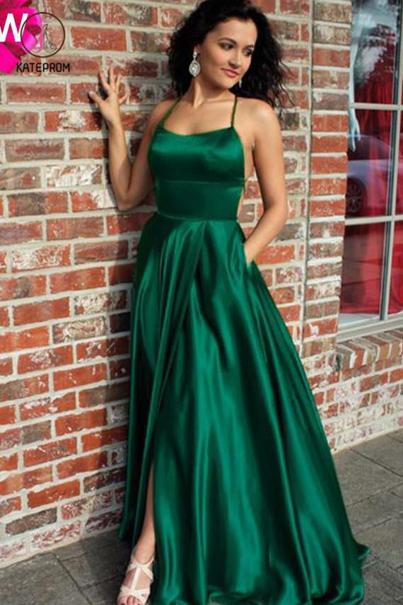 Emerald Green Spaghetti Strap Split Prom Dress, Sexy Long Evening Dres kateprom Emerald Green Spaghetti Strap Split Prom Dress, Sexy Long Evening Dres kateprom