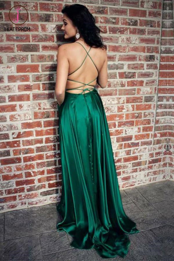 Emerald Green Spaghetti Strap Split Prom Dress, Sexy Long Evening Dres kateprom Emerald Green Spaghetti Strap Split Prom Dress, Sexy Long Evening Dres kateprom