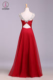 Red Floor Length Chiffon Prom Dress with Crystals, A Line Pleated Evening Dress KPP0568