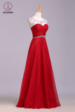 Red Floor Length Chiffon Prom Dress with Crystals, A Line Pleated Evening Dress KPP0568