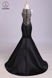 Black Mermaid Sleeveless Beaded Satin Prom Dress, Long Evening Dresses KPP0570