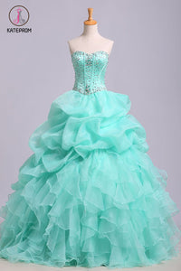 Puffy Sweetheart Organza Floor Length Prom Dress with Sequins, Quinceanera Dress KPP0573