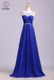 Royal Blue Floor Length Chiffon Prom Dress with Rhinestone Belt, Evening Dress with Pleats KPP0574