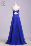 Royal Blue Floor Length Chiffon Prom Dress with Rhinestone Belt, Evening Dress with Pleats KPP0574